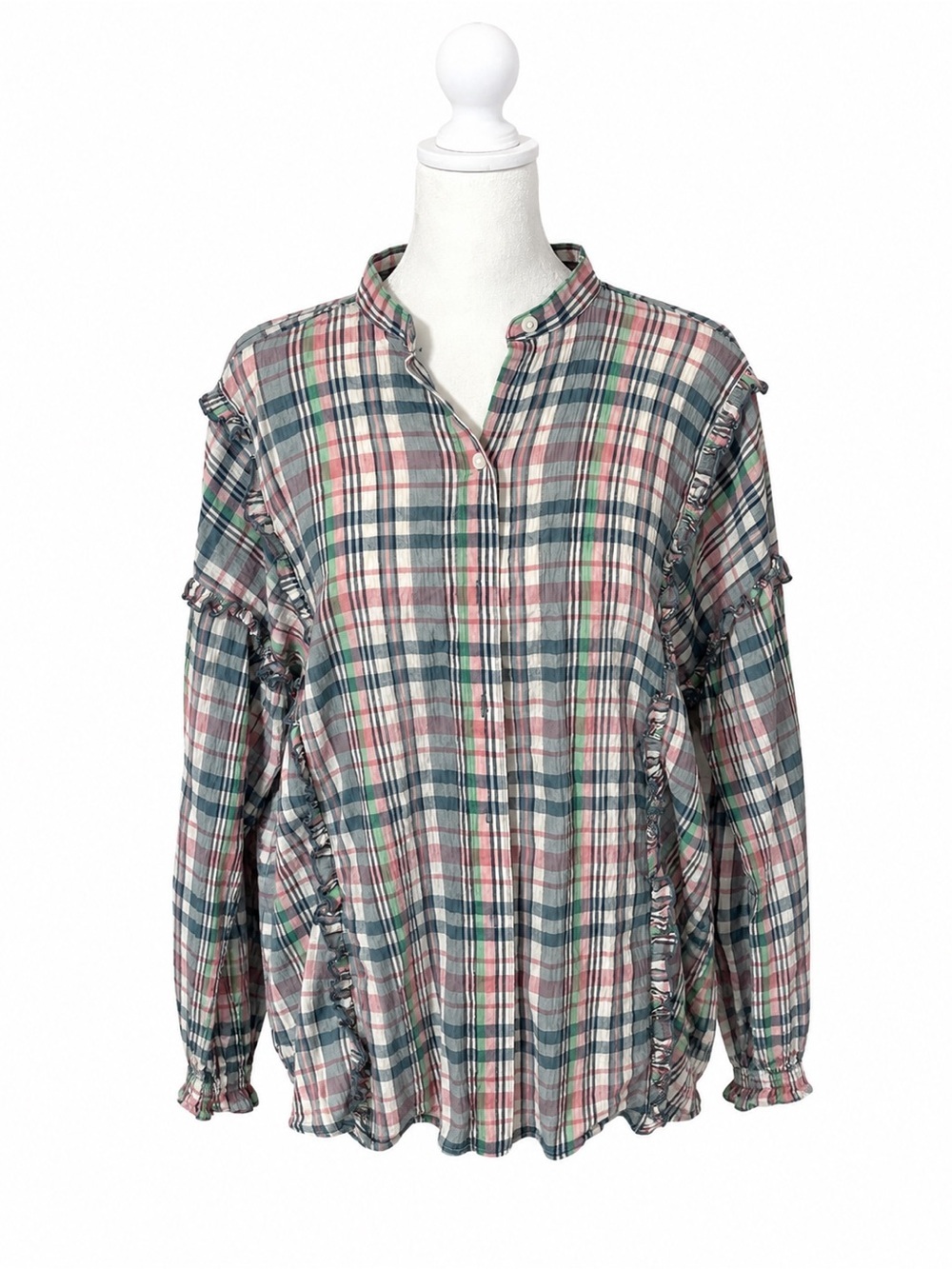 Chaps Plaid Ruffle-Trim Long-Sleeve Top in Multi-Color